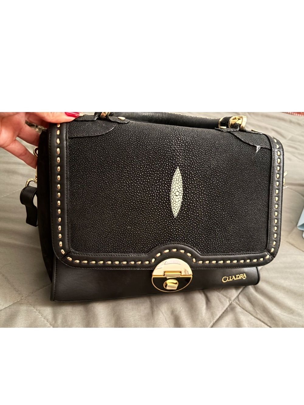 Black Textured Leather Crossbody Bag with Gold Hardware